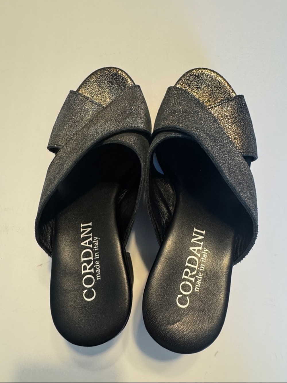 Cordani Metallic Charcoal Crisscross Slide Mules Made in Italy 🇮🇹 - Picture 2 of 5